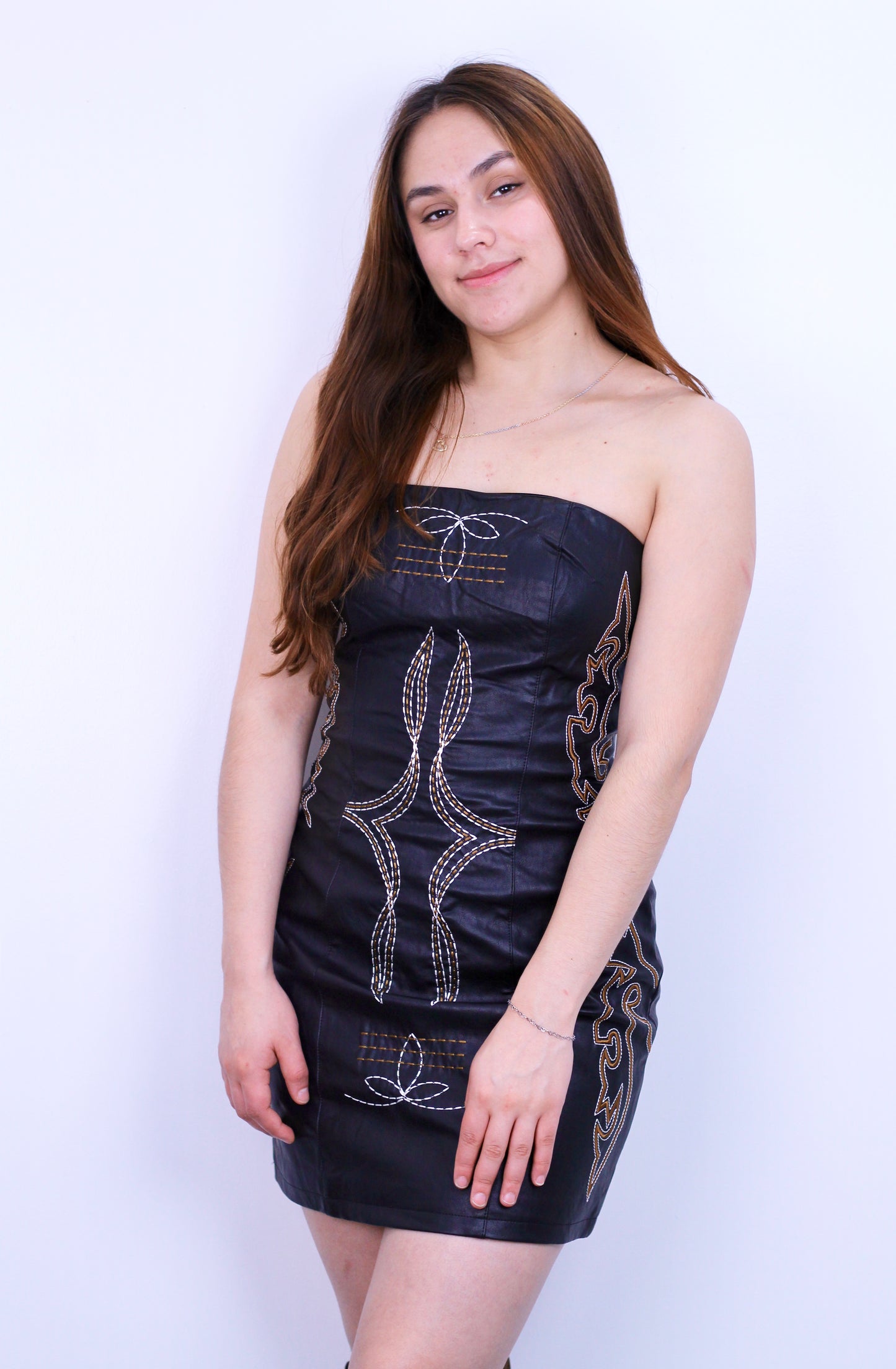 De Rancho Teresa Leather Mini Dress - Strapless with Embroidered Design for Women